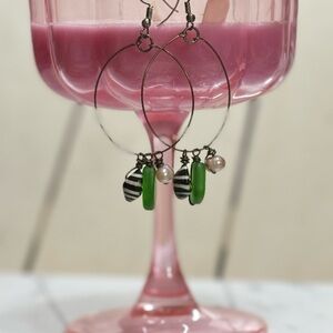 Handmade Green Sea Glass Hoop Earrings with Striped Shells and Genuine Pearls